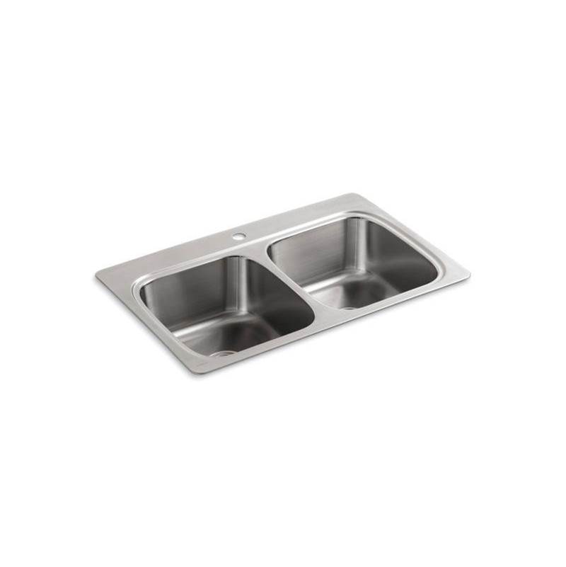 Kohler Verse™ 33'' x 22'' x 9-1/4'' top-mount double-equal bowl kitchen sink with single faucet hole