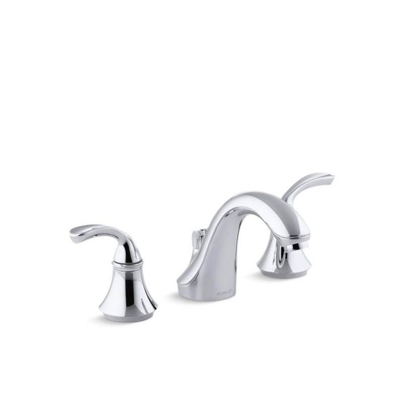 Kohler Forté® Widespread commercial bathroom sink faucet with sculpted lever handles, metal drain, red/blue indexing and vandal-resistant aerator