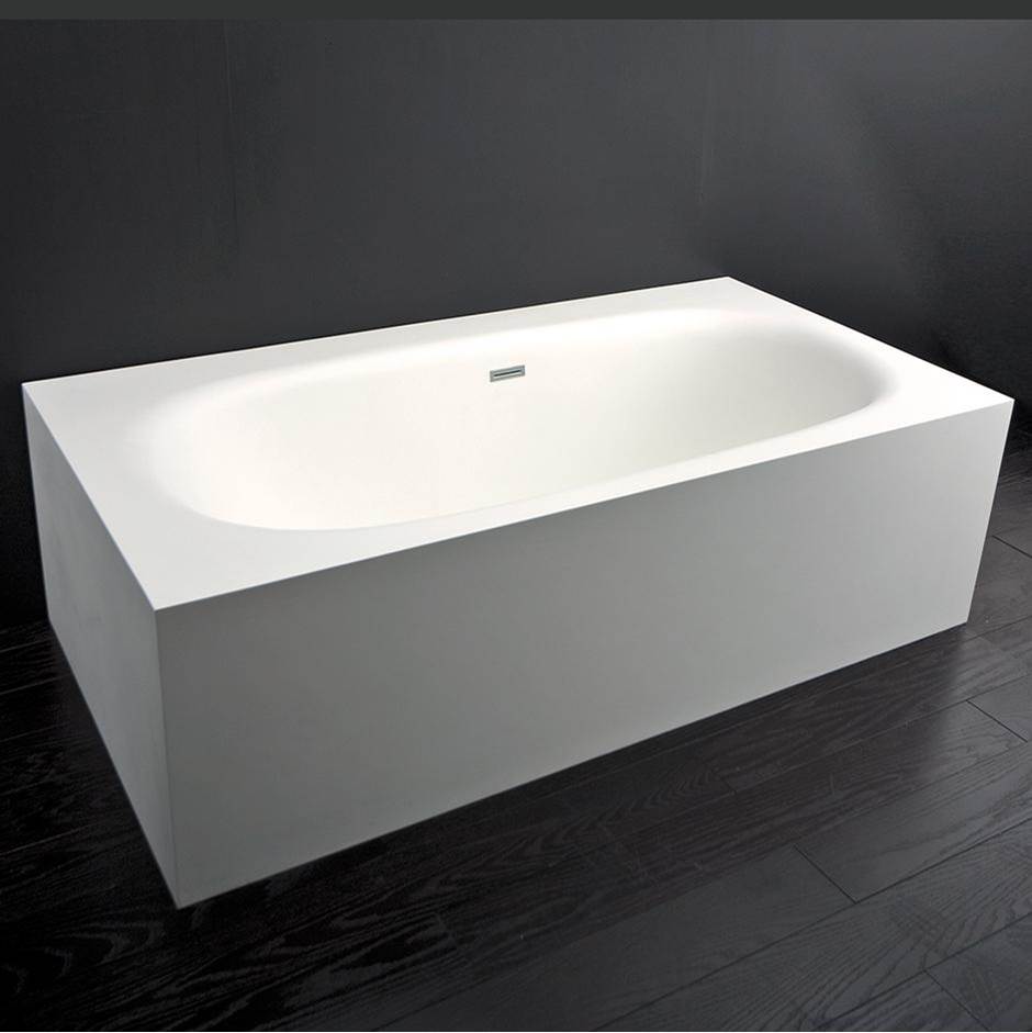 Lacava Free-standing soaking bathtub made of white solid surface with an overflow, net weight 507 lbs, water capacity 73 gal.