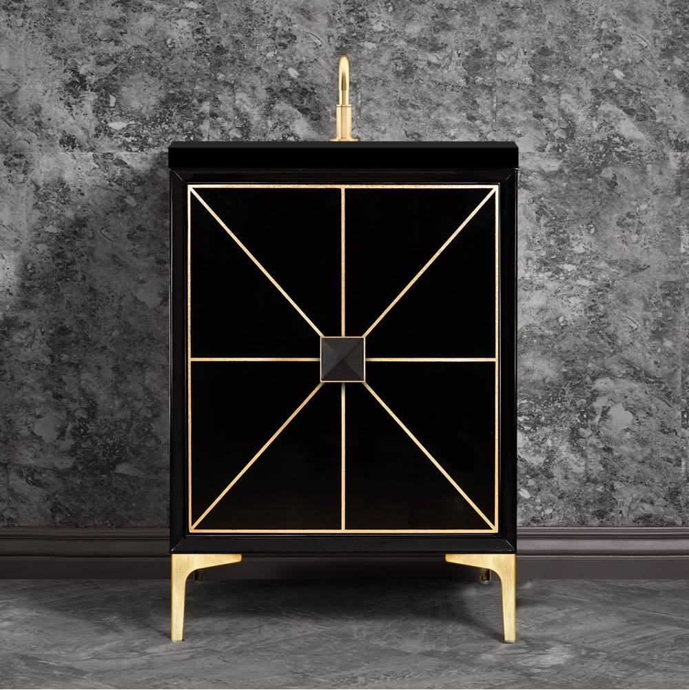Linkasink Divergence with 3'' Black Artisan Glass Prism, 24'' Wide Vanity, Black, Satin Brass Hardware with White Glass, 24'' x 22'' x 33.5'' (without vanity top)