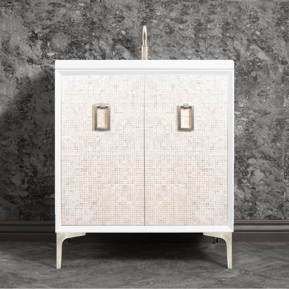 Linkasink Mother of Pearl 30'' Wide White Vanity with Satin Nickel Coach Pull and Hardware