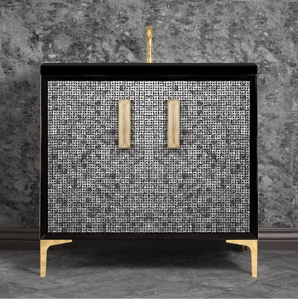 Linkasink MOTHER OF PEARL with 8'' Artisan Glass Prism Hardware 36'' Wide Vanity, Black, Polished Brass Hardware, 36'' x 22'' x 33.5'' (without vanity top)