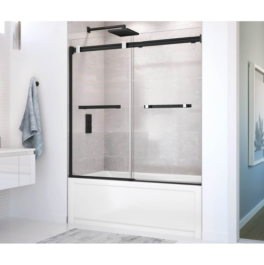 Maax Canada Duel 56-59 x 55 1/2 x 59 in. 8 mm Bypass Tub Door for Alcove Installation with Clear glass in Matte Black & Chrome