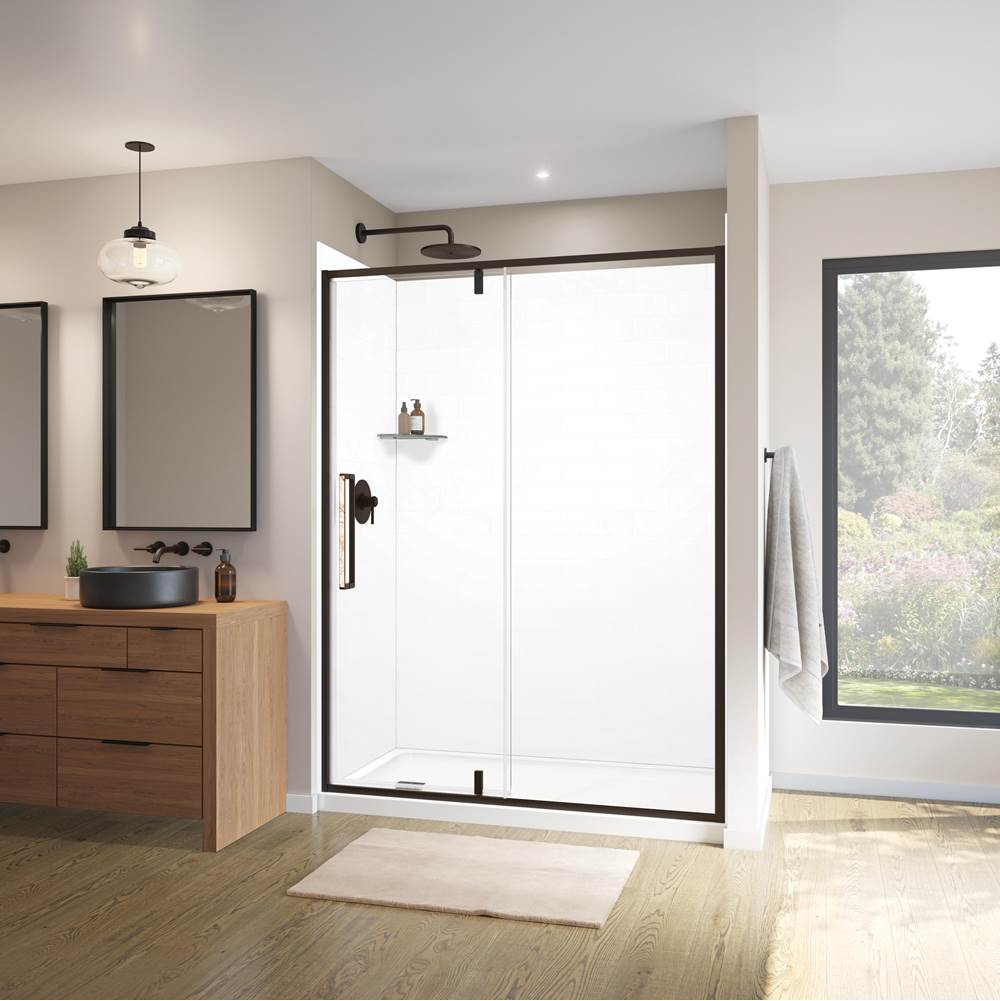 Maax Canada Uptown 57-59 x 76 in. 8 mm Pivot Shower Door for Alcove Installation with Clear glass in Dark Bronze & Beige Marble