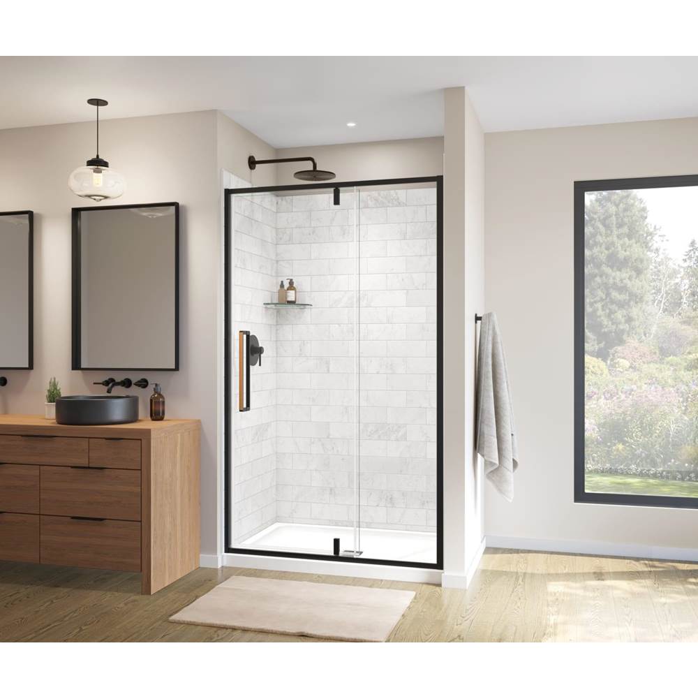 Maax Canada Uptown 45-47 x 76 in. 8 mm Pivot Shower Door for Alcove Installation with Clear glass in Matte Black & Wood