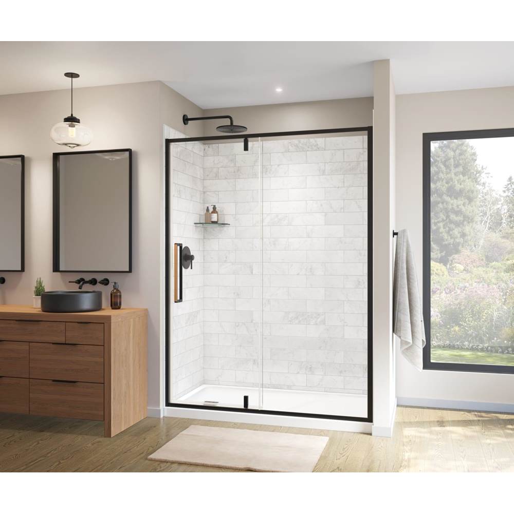 Maax Canada Uptown 57-59 x 76 in. 8 mm Pivot Shower Door for Alcove Installation with Clear glass in Matte Black & Wood