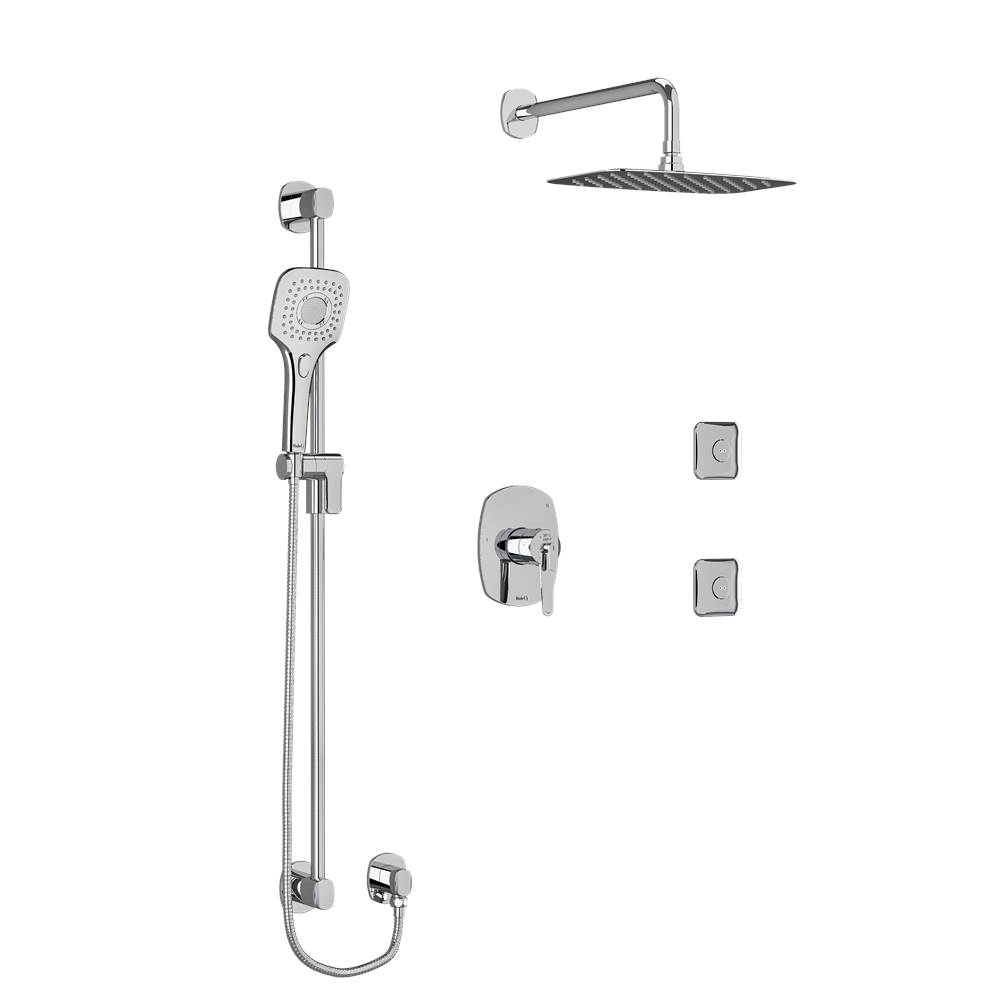 Riobel Type T/P (thermostatic/pressure balance) 1/2'' coaxial 3-way system, hand shower rail, elbow supply, shower head and 2 body jets
