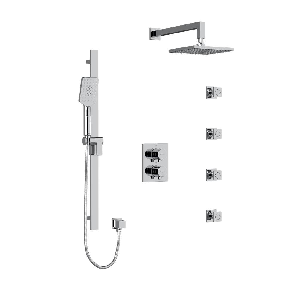 Riobel Type T/P (thermostatic/pressure balance) double coaxial system with hand shower rail, 4 body jets and shower head