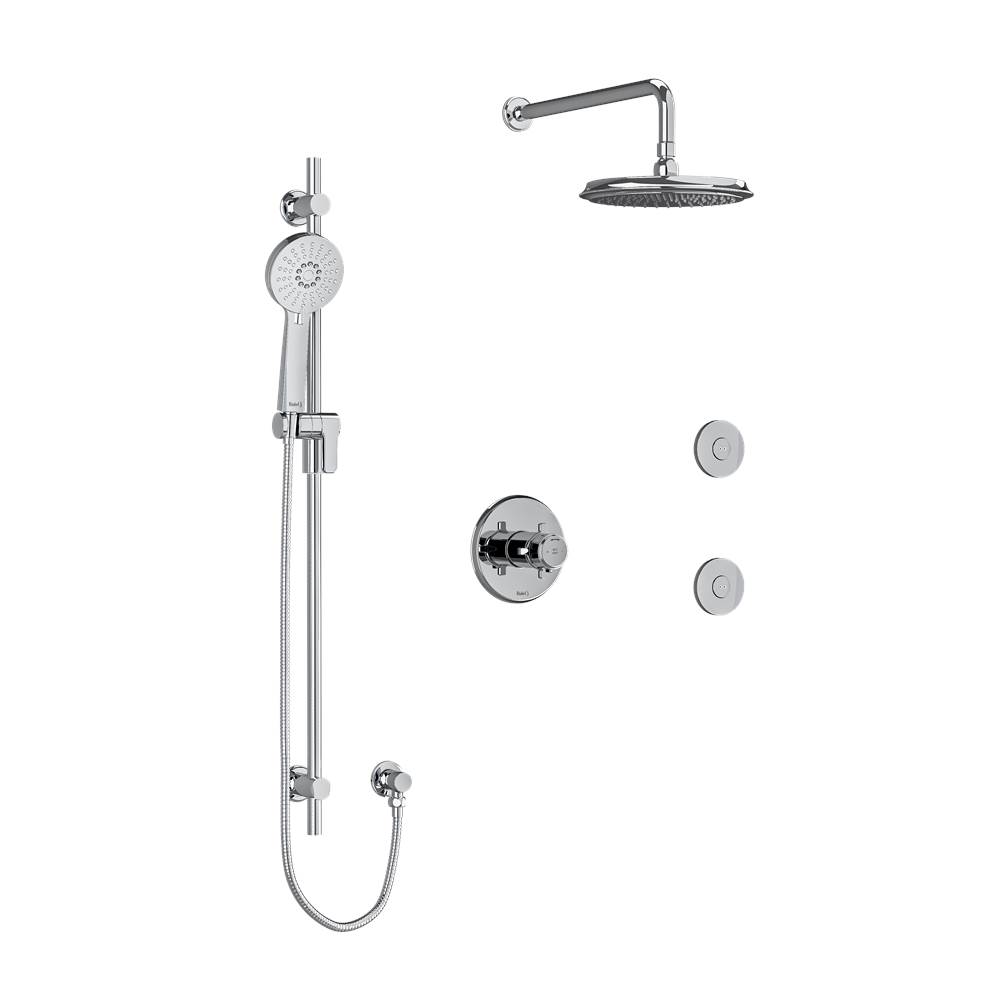 Riobel Type T/P (thermostatic/pressure balance) 1/2'' coaxial 3-way system, hand shower rail, elbow supply, shower head and 2 body jets