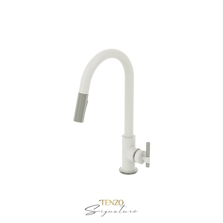Tenzo Single-handle kitchen faucet Bellacio with pull-down & 2-Function hand shower matte white / stainless steel