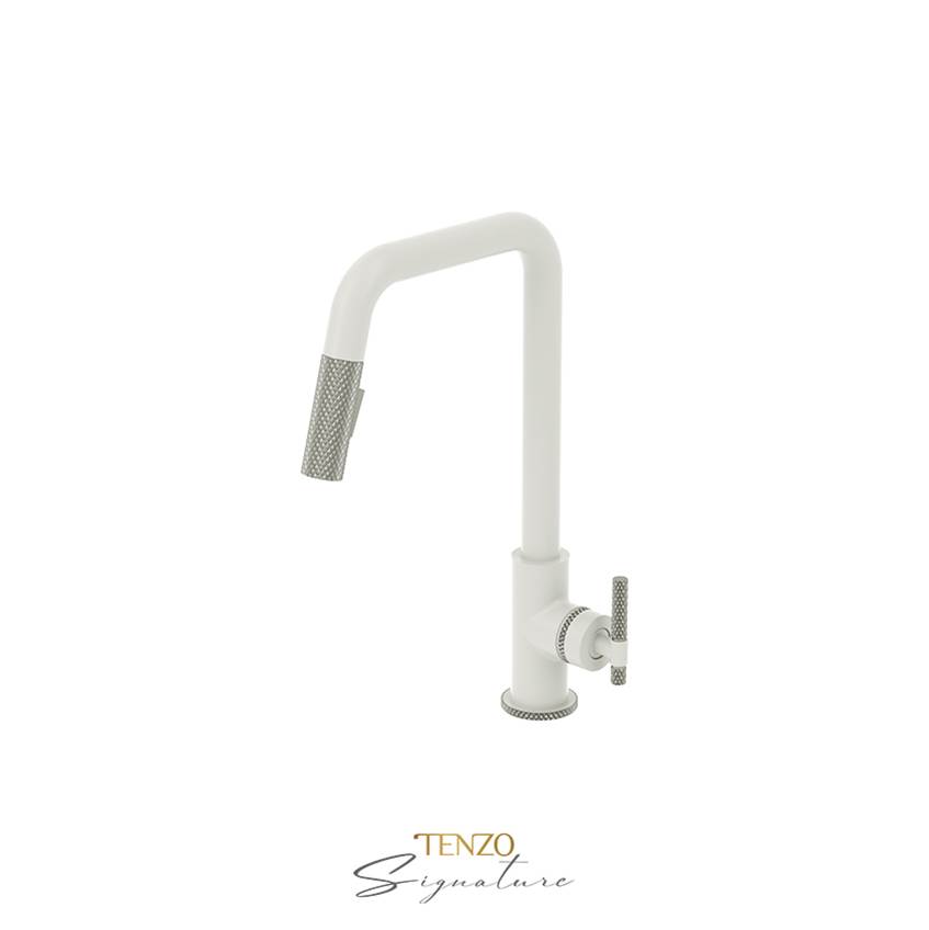 Tenzo Single-handle kitchen faucet Bellacio with pull-down & 2-Function hand shower matte white / stainless steel