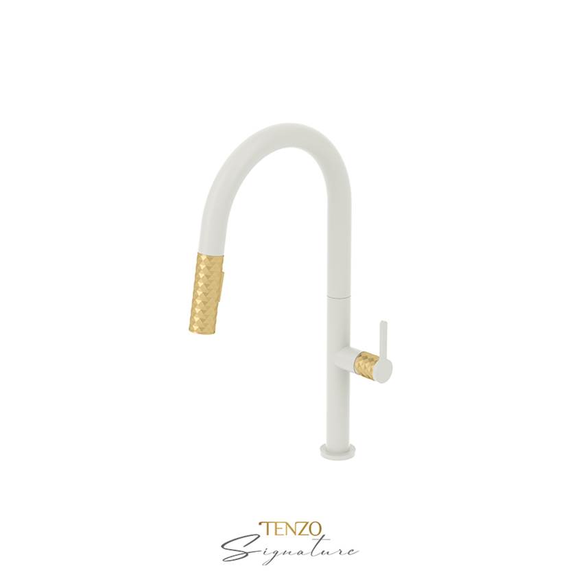 Tenzo Single-handle kitchen faucet Calozy with pull-down & 2-Function hand shower matte white / brushed gold