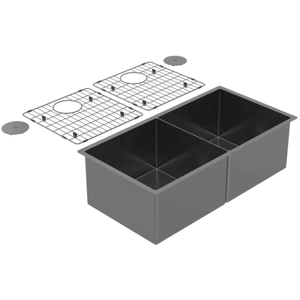 Zomodo Cayman Lrg Double 50/50 Sink - Undermount and Bottom Grid and Waste Cover, 16ga, R10, ALL items in Black Pearl PVD.