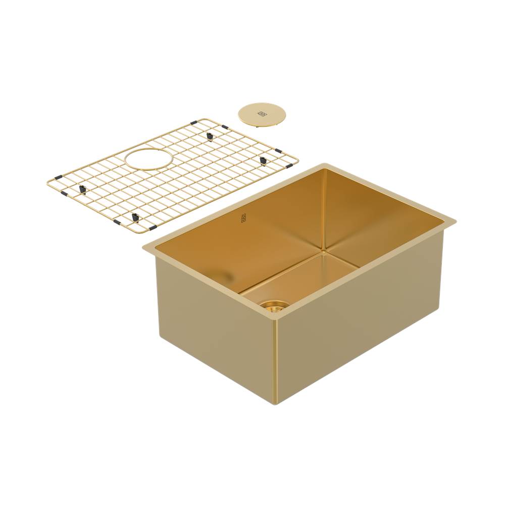 Zomodo Cayman, Lrg Single Sink - Undermount and Bottom Grid and Waste Cover, 16ga, R10, ALL items in Eureka Gold PVD